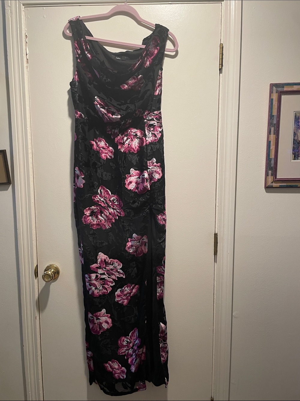 Lulu's Black Floral Print Marnella  Velvet Side Slit Maxi Dress